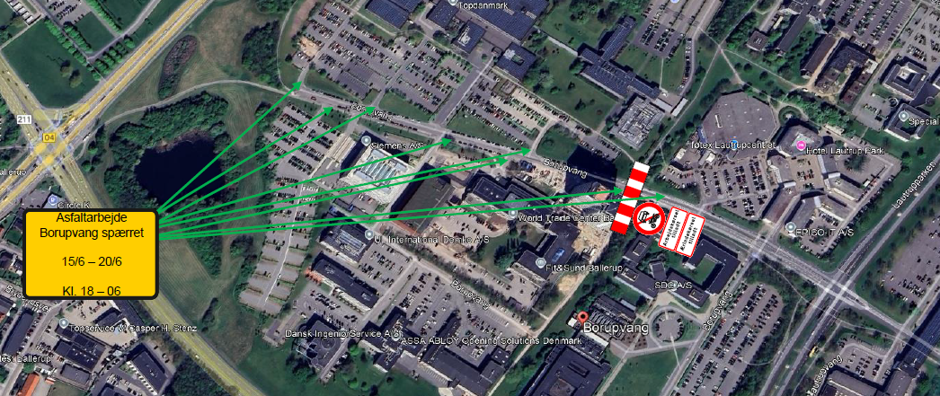 Kort over lukket strækning Borupvang