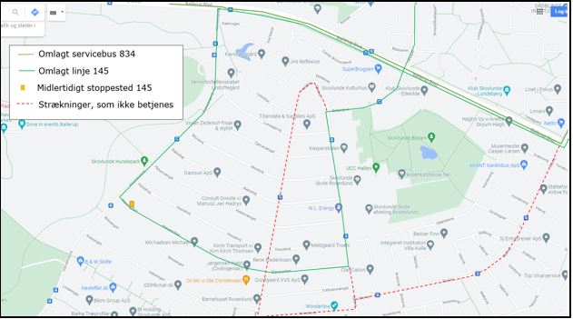 Kort over omlægning af buslinje 145