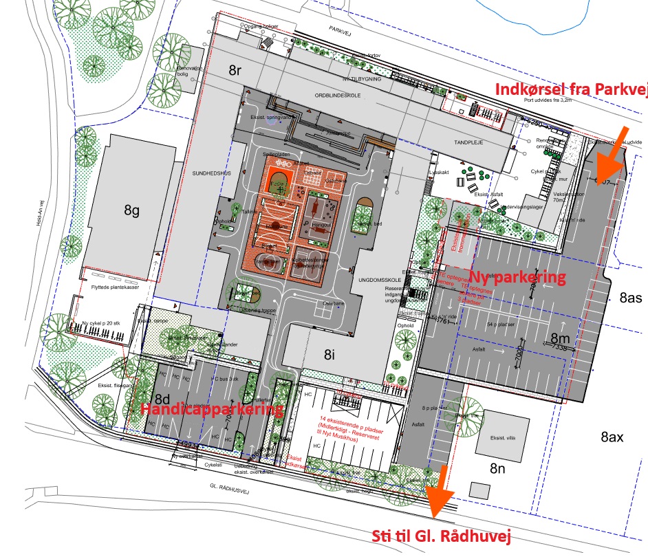 Oversigt over Parkskolen og parkeringsforhold i forhold til skolen