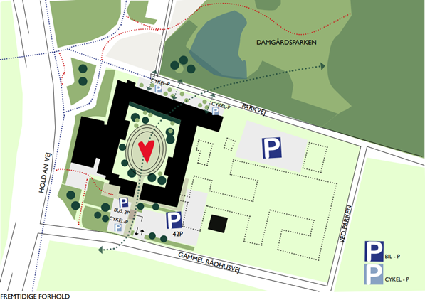 Tegnet oversigt over Parkskolens areal i forhold til omkringliggende veje. Billedet viser en visualisering af, at parkeringspladserne i gården bliver fjernet. 