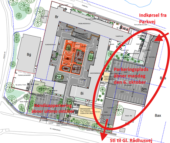 Oversigt over den nye parkeringspladser ved Parkskole. Indkørselv via Parkvej til almindelig parkering.