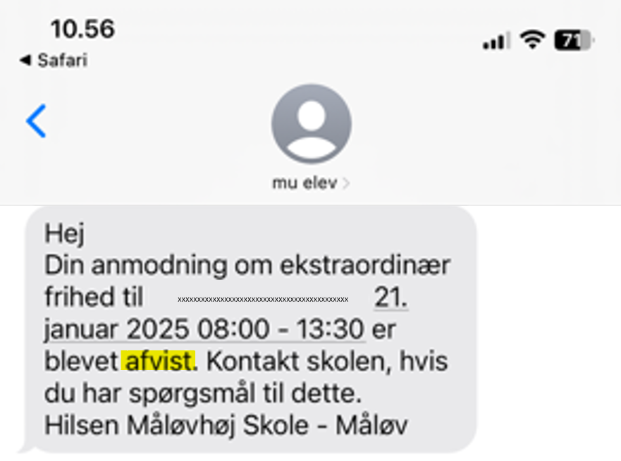 Screenshot af sms, som afviser anmodning om ekstraordinært fravær.