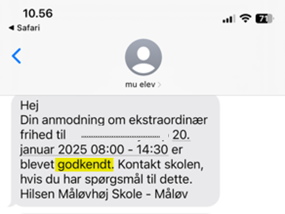 Screenshot af SMS, som bekræfter at ekstraordinært fravær er blevet godkendt.