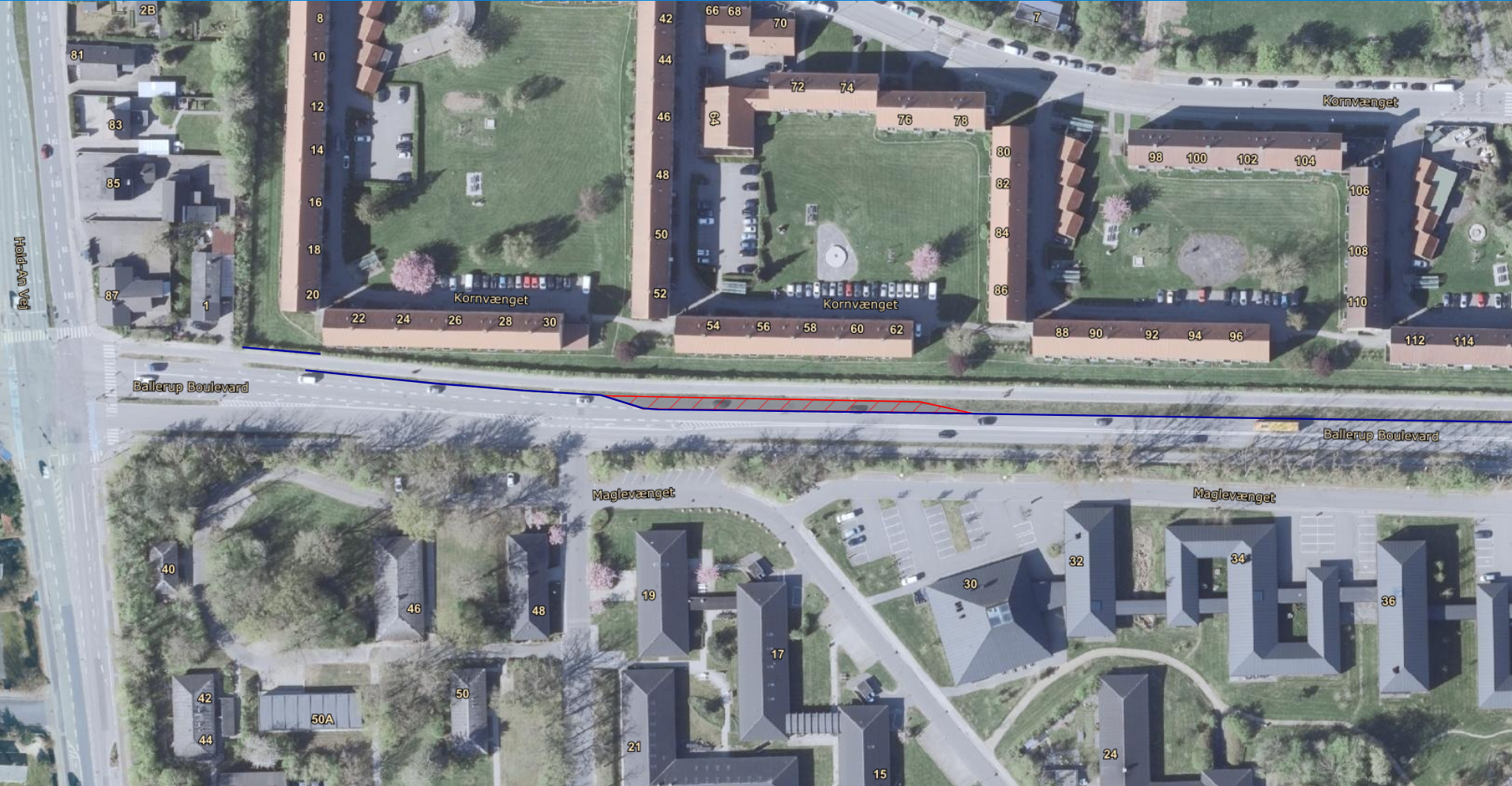 Billede af vejstrækning hvor støjskærm etableres