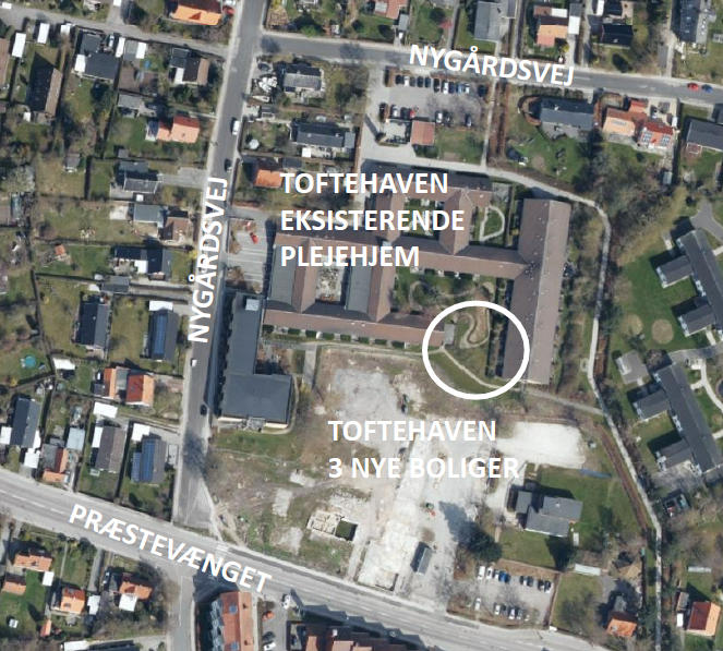 Kortoversigt over det nuværende Plejecenter Toftehaven samt markering af udbygningen 