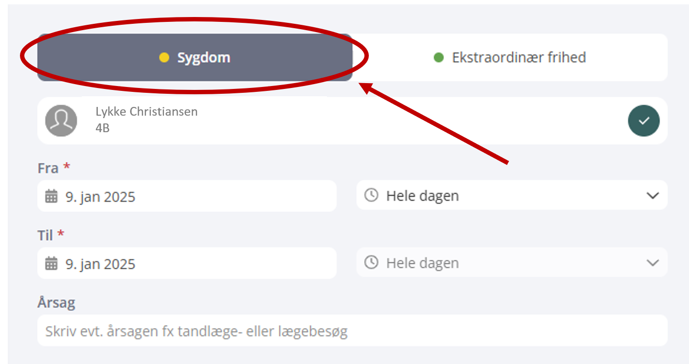 Screenshot fra MU Elev-fravær web Vælg sygdom