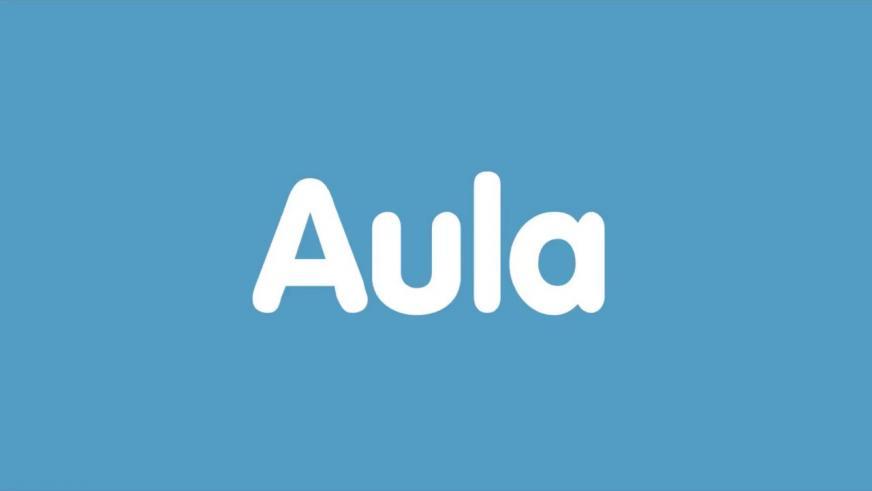 Aulas logo skrevet i hvid tekst på blå baggrund