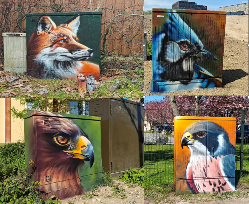 Fire elskabe med grafittikunst, der forestiller en ræv, en skovskade, en ørn og en falk