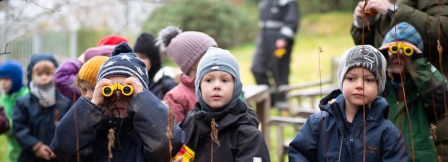 En gruppe børn fra Børnehuset Ved Skoven spejder efter fugle med deres børnekikkerter